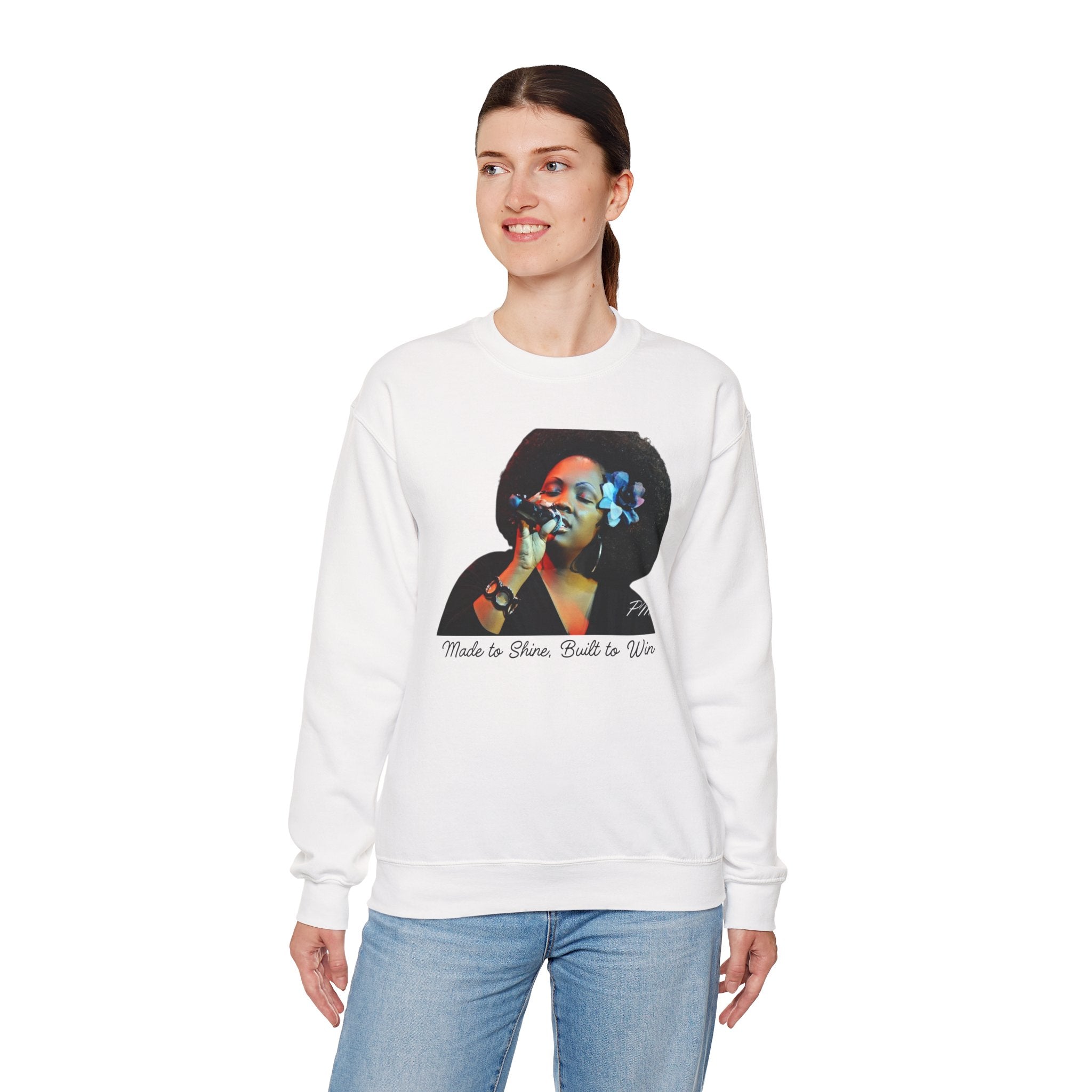 Inspirational Crewneck Sweatshirt – 'Made to Shine, Built to Win' Motivational Fleece Pullover
